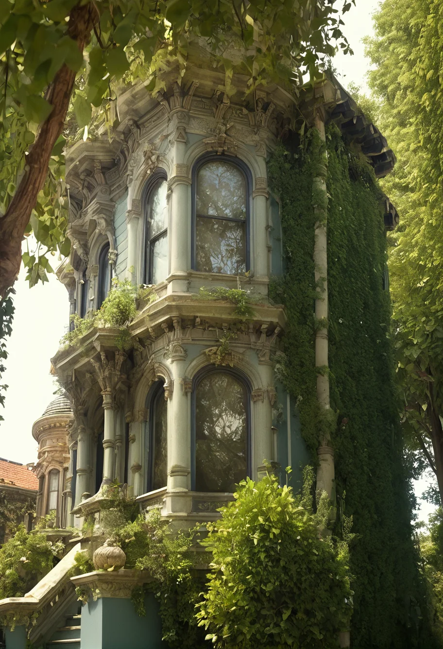 score_9,score_8_up,score_7_up, <lora:Victorian_house_pony_v2:1> v1ct0r14n, day, Italianate, 3story, tree, plant, bay windows,  turret, 3story, 3houses, arched windows, ornate, multicolor, blue siding, white trim, tall, blue window trim