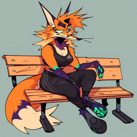 score_9, score_8_up, score_7_up, FoxiBoxi, anthro,furry, sitting on bench, sport bra, biker short