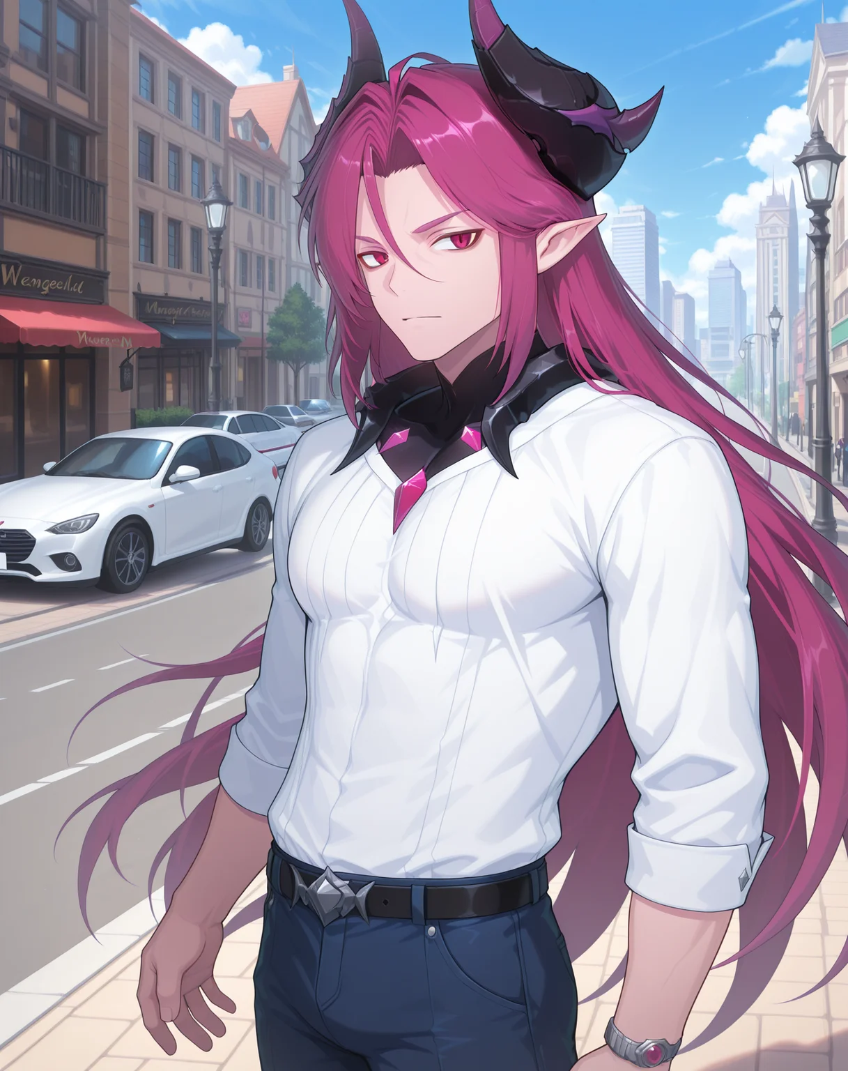 masterpiece,best quality,amazing quality, newest, very aesthetic, absurdres,
1boy, solo, yaoi, male focus, looking at viewer, cowboy shot, standing,
<lora:Werner_Limit_Break_ilxl:1> wernerlb, pointy ears, long hair, red eyes, magenta hair, horns, demon boy, hair between eyes, mature male,
white shirt, jeans, sneakers,
outdoors, day, blue sky, building, street, road, lamppost, car,