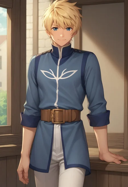 score_9, score_8_up, score_7_up, source_anime, highly detailed, 

flynn, 1boy, male focus, solo, blonde hair, blue eyes, tunic, blue tunic, high collar, belt, brown belt, pants, white pants, looking at viewer, smile

outdoor, 