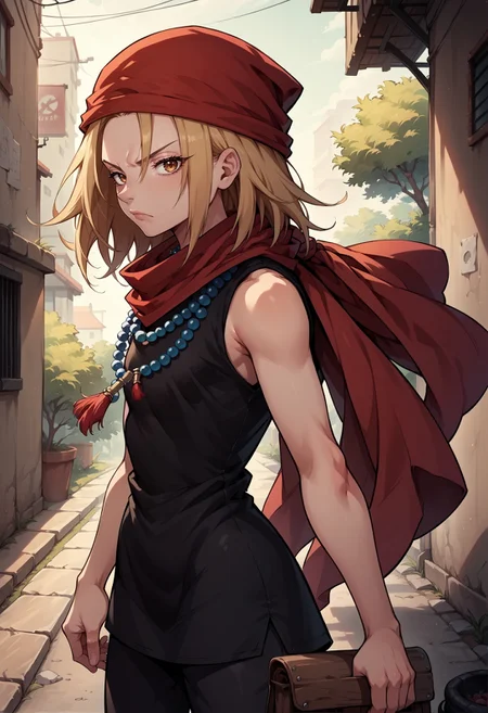 score_9, score_8_up,score_7_up,score_6_up, source_anime,
BREAK
alley, detailed background, blurry background,
BREAK
from side, serious, looking at viewer,
<lora:Anna DORA:1> kyouyama anna, blonde hair, short hair, brown eyes, black dress, red bandana, bead necklace, sleeveless, red scarf