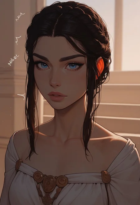 (score_9, score_8_up, score_7_up). ( line work, excellent drawing, highest quality, extremely detailed:1.2). 1woman, Greek Goddess Hera, perfect face, beautiful blue eyes, long lashes, dark hair, princess braid, glossy lips, ancient greek dress, 3/4view, cowboy shot, dynamic angle, g0thicPXL, romantic, cinematic lighting, volumetric lighting, motion effects, source_cartoon