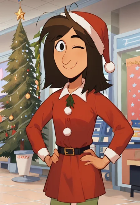 score_8_up, score_7_up, 1girl, solo, leah, brown hair, long hair, black eyes, upper body, smile, closed mouth, wink, heart, hands on hips, hip sway, looking at viewer, christmas elf outfit, long sleeves, red hat, skirt, green leggings, fake elf ears, working in mall, crowded mall, christmas season,