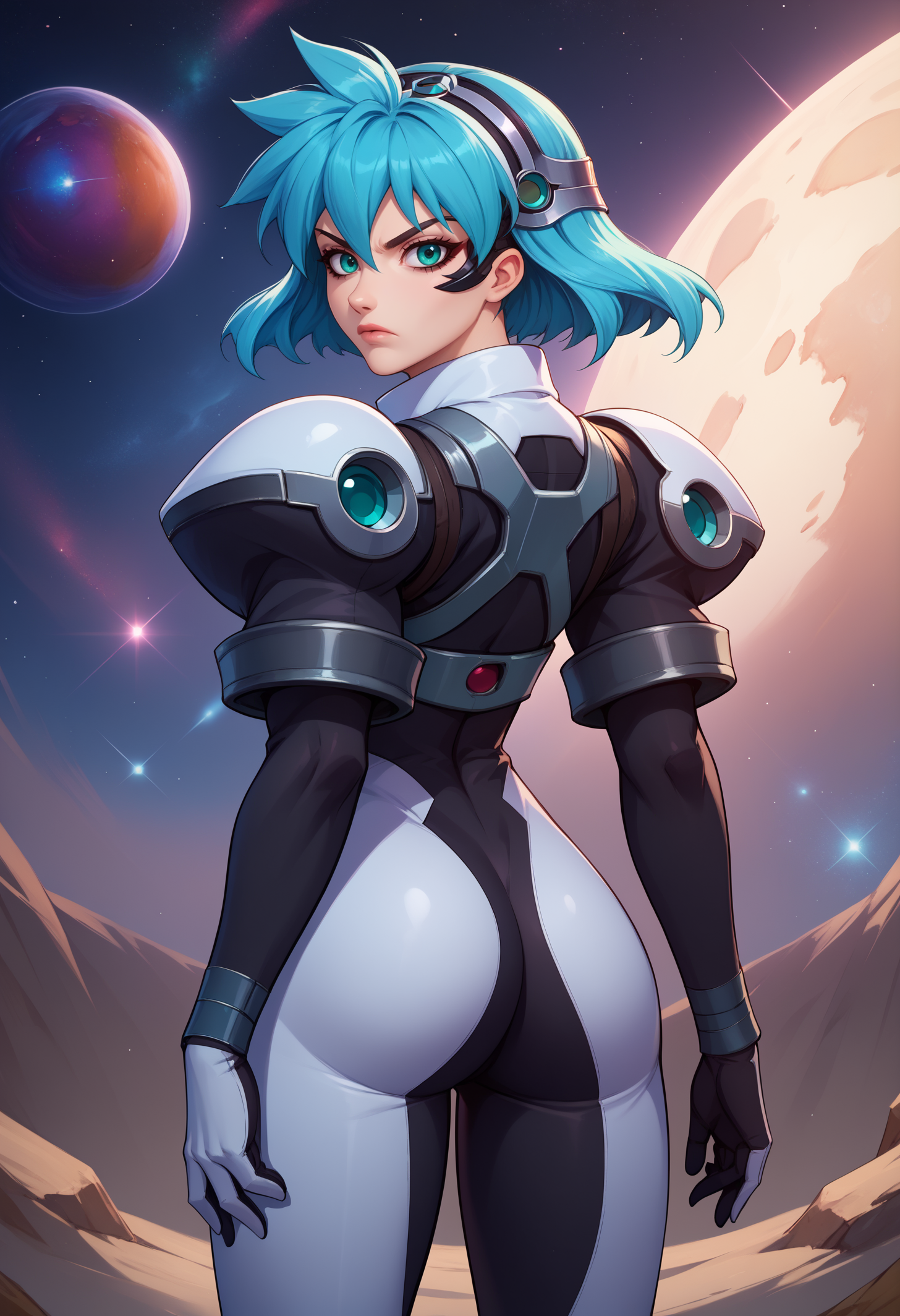 score_9, score_8_up, score_7_up, BREAK 1girl, solo, mgisb, aqua eyes, aqua hair, short hair, large breasts, <lora:MeiaGisbornPDXL_V1-Manityro-CAME:1.0>,
eyepiece, headband, two-tone bodysuit, shoulder armor,
looking at viewer, serious, standing, cowboy shot, rear view, 
space, flying