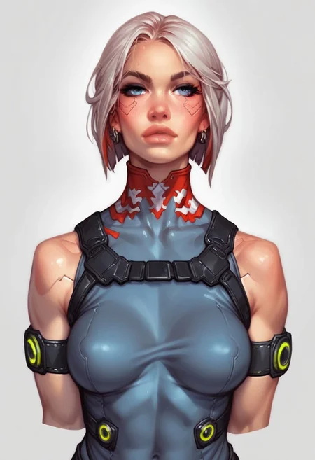 (((front view, beauty young clean face))),
comic style, looking at viewer, highly detailed, source_comic_illustration, from front, 1girl, illustration, comic style, looking at viewer, highly detailed, source_comic_illustrationskinny, looking at viewer, 1girl, masterpiece, best quality, cowboy shot, girl, realistic drawing, anime, by Sam Yang, sharp highly detailed 2d illustration, comic art, (hyperrealism, soft light, sharp), 
BREAK
HEZI,Valenlott style,European and American cartoon character design,cutting,dividing,angular,features,(Cyberpunk:1.5),(Character design:1.2),science fiction,game characters,1girl,solo,gloves,high heels,full body,boots,jewelry,earrings,breasts,pants,standing,high heel boots,medium hair,white hair,bare shoulders,(((bob hair))),bandaid,grey bodysuit,looking at viewer,black gloves,grey eyes,cyberpunk,muscular,bandaid on face,armored boots,arm strap,pouch,black pants,goggles,parted lips,sleeveless,tattoo,short hair,medium breasts,grey hair,bodysuit,cyborg,holster,covered navel,bangs,leotard,muscular female,grey footwear,grey gloves,respirator,tight,blue eyes,rifle,armor,sword,white background,knife,prosthesis,closed mouth,skin tight,knee boots,mask,belt,mask around neck, <lora:HEZI char design V2-000012:0.7>
BREAK
strange world background score_9, score_8_up, score_7_up, score_6_up, source_cartoon, rating_explicit, Expressiveh, (((((upper body))))), ((frpnt view pose, dynamic angle)))