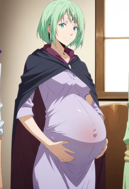score_9, score_8, score_7,
bedroom,
happy, smile, hands on belly,
(large pregnant belly:1.2), (round belly:1.2), (pregnant bump:1.2)
slimes_mjur, mjurran,green hair,short hair,shiny hair,circlet,
purple dress, cloak,robe,
(covered belly:1.5), (pregnancy clothes:1.5)
(cowboy shoot:2.5),
<lora:Slime:1>