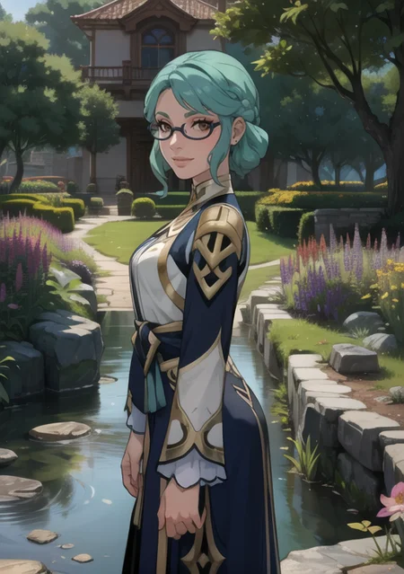 (masterpiece, best quality),(depth) of (field), <lora:Haypasia_2:0.8> haypasia_(genshin_impact), short_hair, gold_ornaments, glasses, green_hair, brown_eyes, semi-rimless_eyewear, wavy_hair, white and blue clothes, braid, aqua_hair, woman standing in a beautiful garden, particles, light, chromatic abberation, heavanly, flowers, spotlight, pond, smile, wind, dynamic, , adult