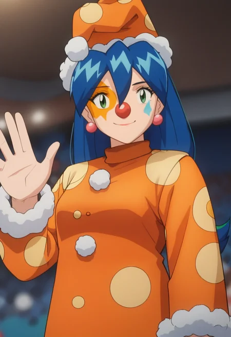 score_9, score_8_up, score_7_up, score_6_up, anime screencap, anime coloring, <lora:PMStella_epoch_10:1>, PMStella, 1girl, solo, blue hair, low-tied long hair, green hair tie, hair between eyes, green eyes, earrings,
clown hat, facial mark, clown nose, pajamas, long sleeves, 
looking at viewer, smile, cowboy shot, waving arm, 
BREAK circus, blurry background,