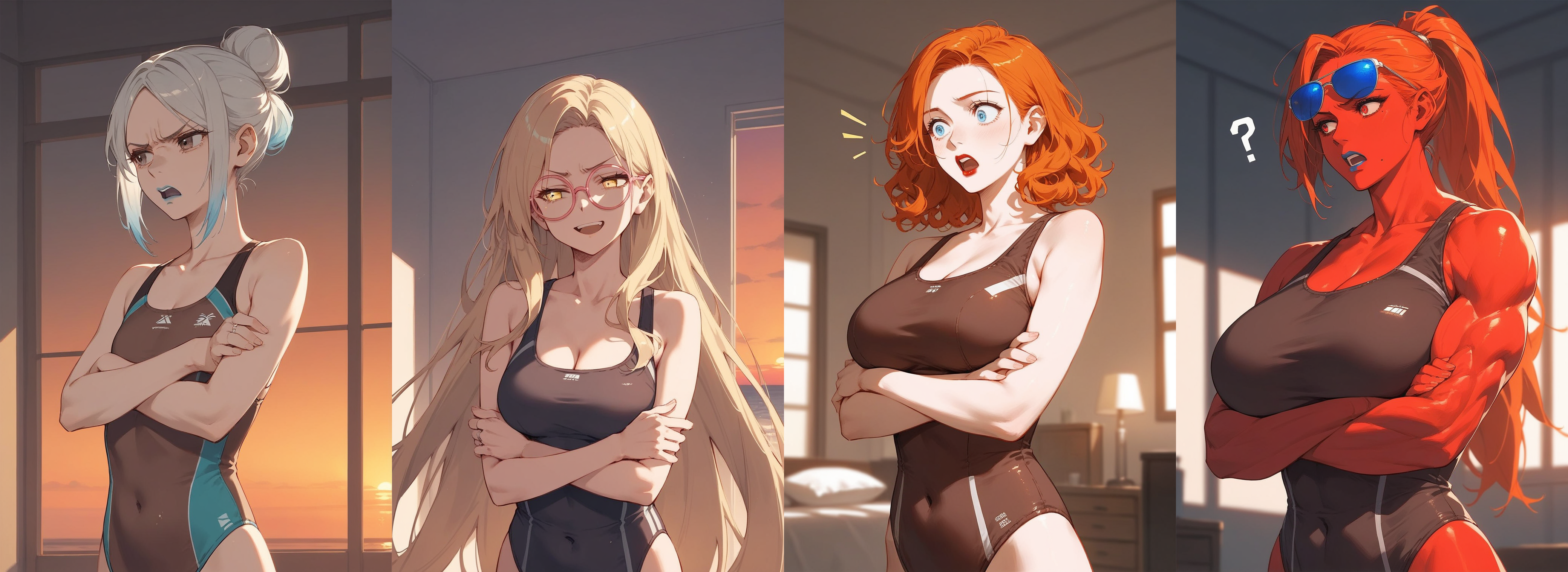 score_9, score_8_up, score_7_up, source_anime, 1girl, solo, upper body, straight on, standing, crossed arms, looking away, open mouth, slim, flat chest, blue lipstick, gradient hair, brown hair, white hair, short hair, bun, brown eyes, upset, sad, angry, frown, brown swimsuit, one-piece swimsuit, grey ring, sunset, indoors, bedroom
