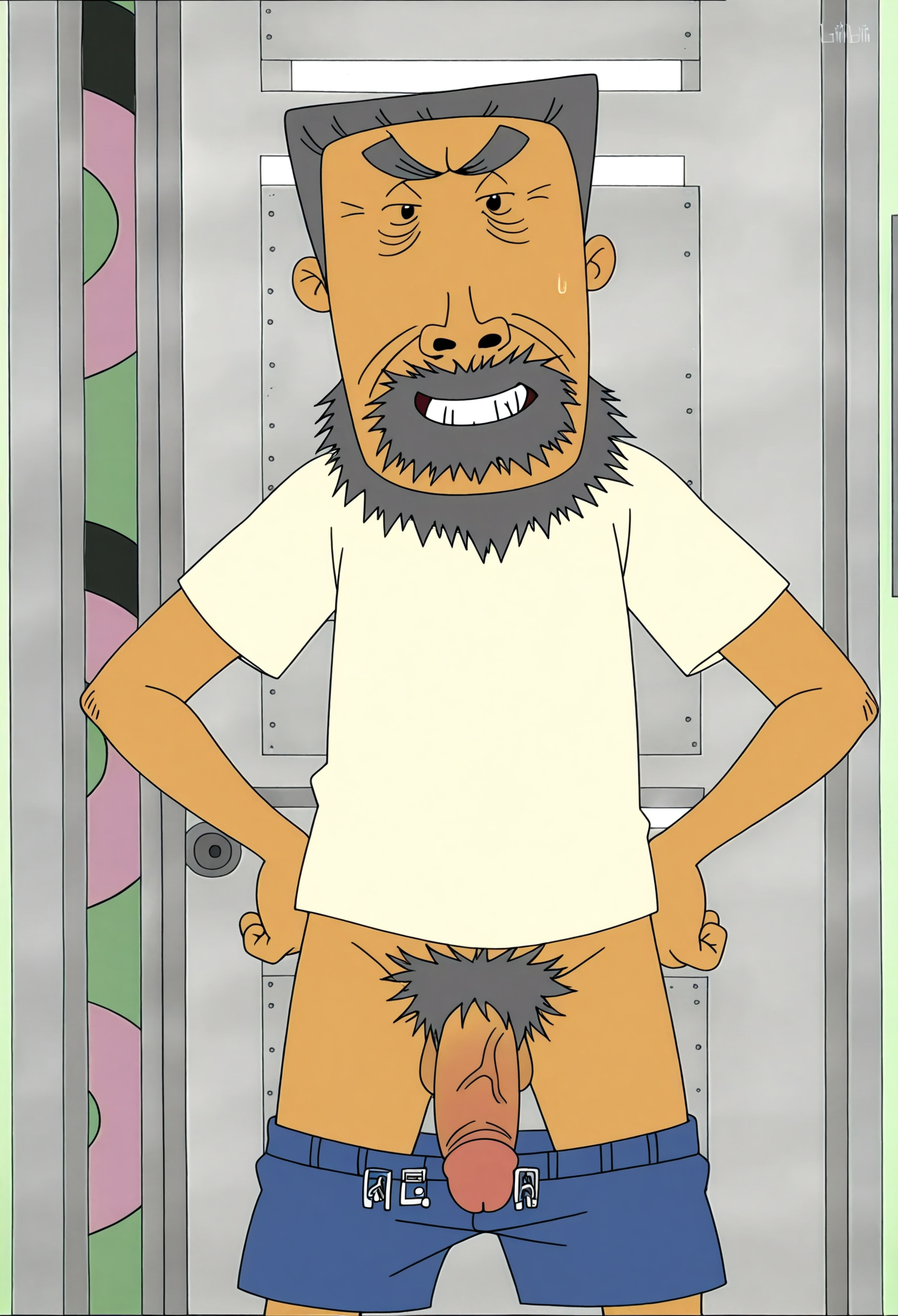 masterpiece,best quality,amazing quality,anime screencap,absurdres,anime coloring,official art,
<lora:Zxlï¼Nyy-IL V1:1>,1boy,NiuYeYe,old man,grey hair,solo,facial hair,teeth,hands on own hip,large penis,male pubic hair,body hair,