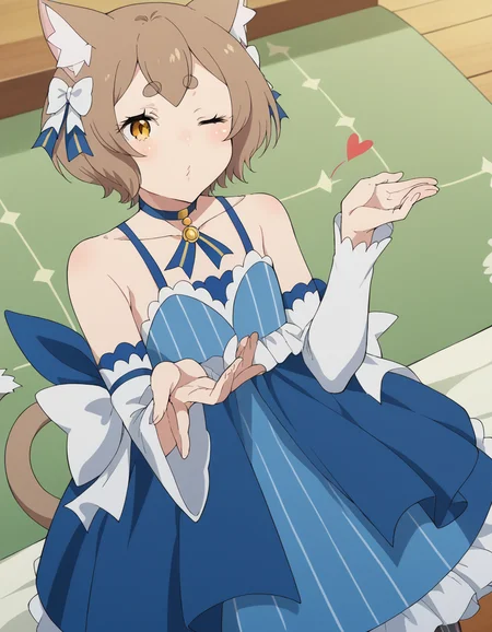 score_9, score_8_up, score_7_up, source_anime, <lora:felix-argyle-s3-p1-ponyxl-lora-nochekaiser:1>, felix argyle, short hair, bangs, brown hair, bow, animal ears, hair bow, male focus, cat ears, eyelashes, bob cut, thick eyebrows, white bow, otoko no ko,, dress, bare shoulders, collarbone, jacket, tail, pantyhose, detached sleeves, choker, striped, blue dress, vertical stripes, crossdressing, frills, skirt,, wheat field, golden, harvest, farming, open, , <lora:blowing-kiss-ponyxl-lora-nochekaiser:1>, blowing kiss, pucked lips, heart, one eye closed, o3o, hand up, bed room, bed, blush, cowboy shot, dutch angle,, looking at viewer, solo,, dutch angle, cowboy shot