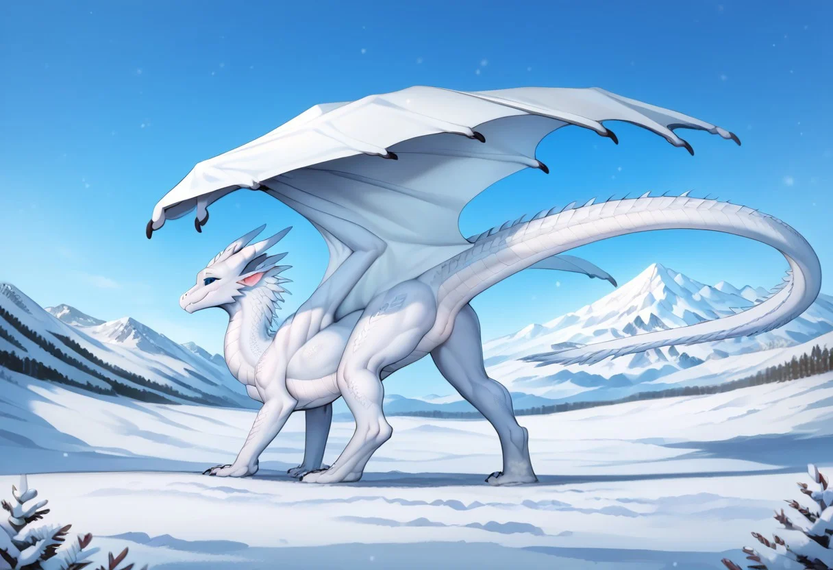 Score_9, score_8_up, score_7_up, score_6_up, score_5_ Feral dragon, female dragon, detailed scales, detailed belly scales white dragon, white scales, blue eyes (best possible eyes), female, tail, wings, white horns, black claws, spikes, naked, cute, cute face, athletic body, tall, digitigrade legs, svelte body, 4 fingers, quadruped, outdoors, snowy mountain, snow, cameltoe, puffy pussy, swolen pussy, cute, innocent, friendly, jovial, welcoming smile, beautiful landscape, very large dragon, playing in the snow, from behing, raised tail