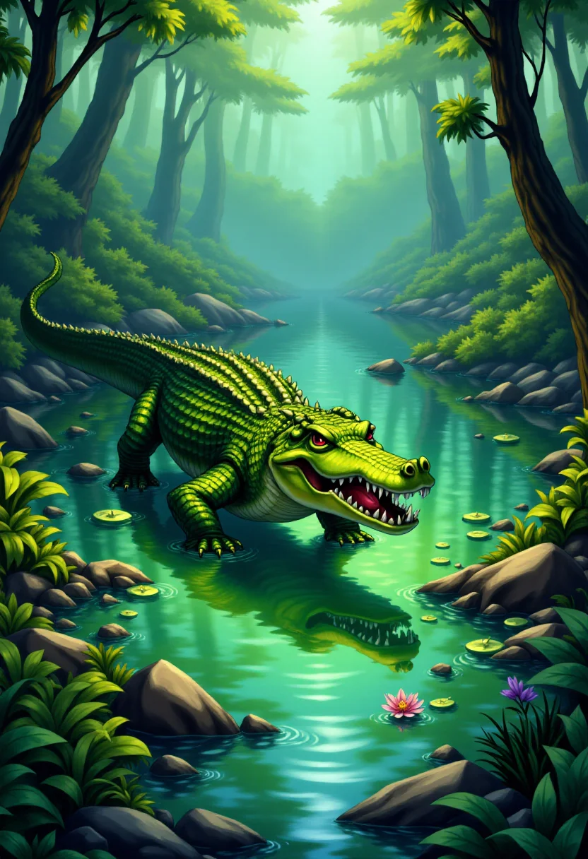 <lora:KFT_Curse_of_Dragons_Crown_Style_FLUX:1>
The image is a vibrant, digitally created kftfantasy illustration featuring a crocodile in a swamp