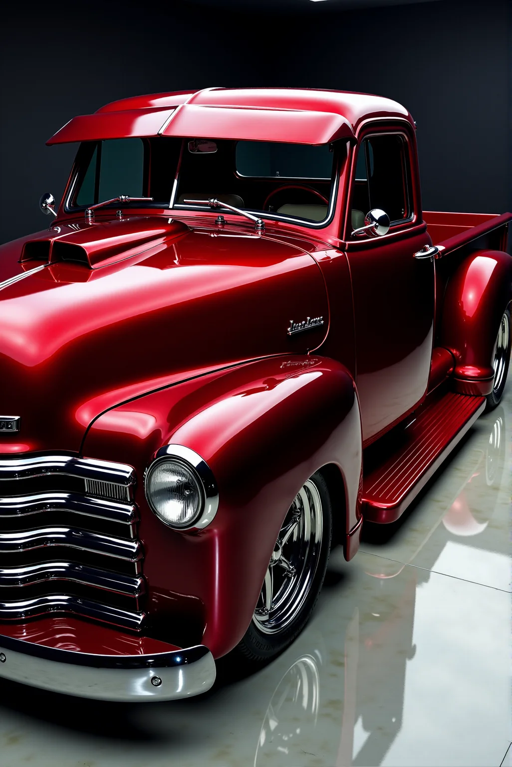 <lora:Hot_rod__style:0.8>
A flawlessly restored and customized classic Chevrolet pickup truck, bathed in a deep, high-gloss candy apple red paint that shimmers under the showroom lights. Its sleek, sculpted body is accentuated by a smooth, de-badged front end with a bold grille and aggressive stance. The lowered suspension and wide, polished chrome wheels give it a muscular presence, while the mirror-like finish reflects every detail of its surroundings. The clean, streamlined hood features a subtle raised scoop, hinting at the power beneath. The classic rounded headlights maintain the vintage charm, seamlessly integrated into the modernized design. The doors are shaved for a smooth, uninterrupted profile, while the flared rear fenders enhance the truck's dynamic lines. The deep red paint highlights every curve and contour, making this Chevrolet pickup a true masterpiece of automotive customization, blending retro aesthetics with contemporary performance styling.
