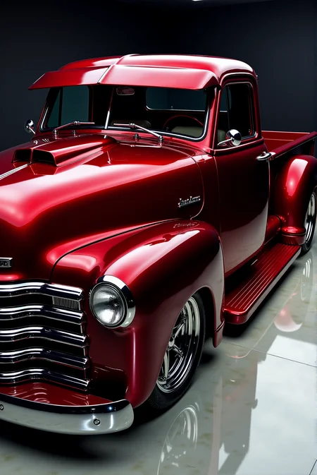 <lora:Hot_rod__style:0.8>
A flawlessly restored and customized classic Chevrolet pickup truck, bathed in a deep, high-gloss candy apple red paint that shimmers under the showroom lights. Its sleek, sculpted body is accentuated by a smooth, de-badged front end with a bold grille and aggressive stance. The lowered suspension and wide, polished chrome wheels give it a muscular presence, while the mirror-like finish reflects every detail of its surroundings. The clean, streamlined hood features a subtle raised scoop, hinting at the power beneath. The classic rounded headlights maintain the vintage charm, seamlessly integrated into the modernized design. The doors are shaved for a smooth, uninterrupted profile, while the flared rear fenders enhance the truck's dynamic lines. The deep red paint highlights every curve and contour, making this Chevrolet pickup a true masterpiece of automotive customization, blending retro aesthetics with contemporary performance styling.