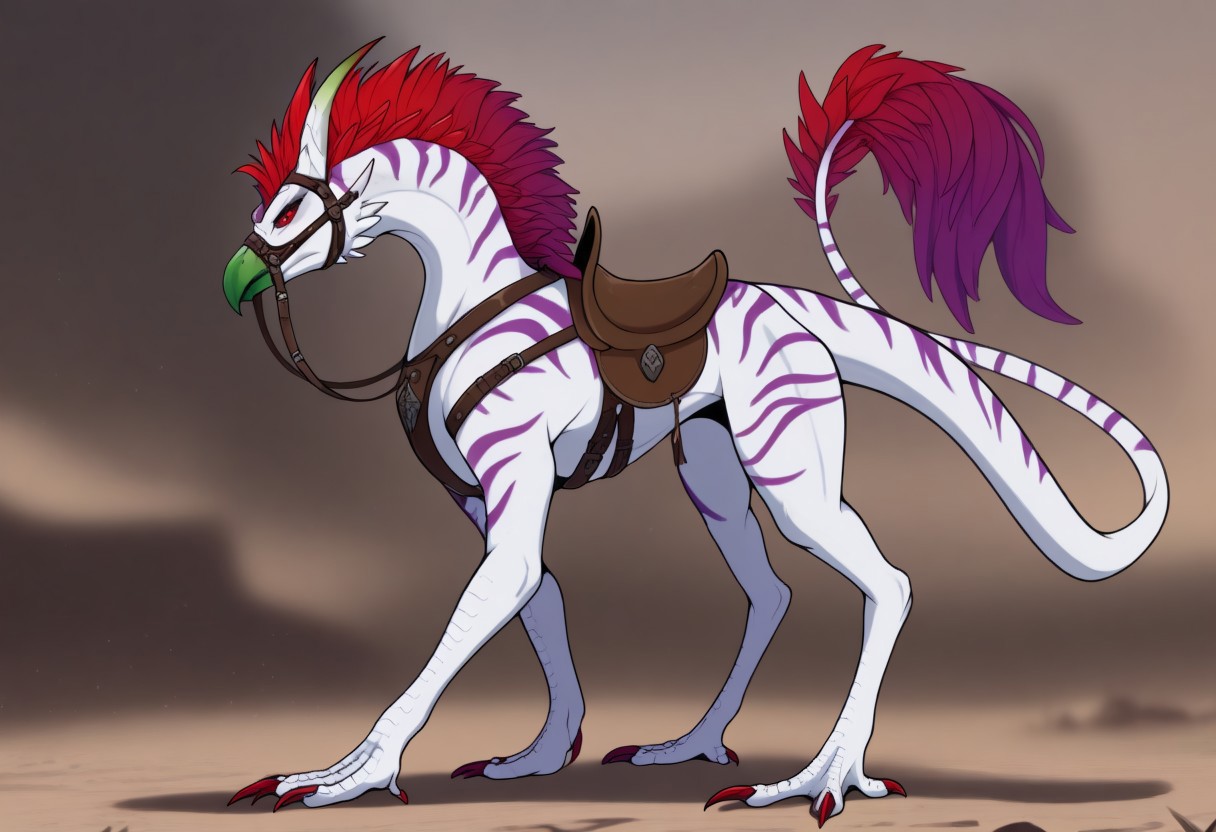 masterpiece, best quality, amazing quality, highres, absurdres, 
((flowerbud tail, perfect flowerbud tail, flowerbud on end of tail)),
Gaula, plant monster, horns, spine, red eyes, scales, claws, beak, gradient hair, white skin, purple stripes, green beak, sharp beak, long tail, tall, long legs, equine physique, thick body, thick haunches, claws, leaf mane along back, red eyes, red mane, saddle, bridle, reigns, stirrups, 4 legs, quadruped, claws, depth of field,