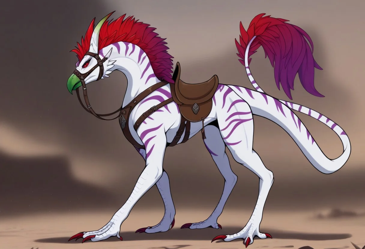 masterpiece, best quality, amazing quality, highres, absurdres,
((flowerbud tail, perfect flowerbud tail, flowerbud on end of tail)),
Gaula, plant monster, horns, spine, red eyes, scales, claws, beak, gradient hair, white skin, purple stripes, green beak, sharp beak, long tail, tall, long legs, equine physique, thick body, thick haunches, claws, leaf mane along back, red eyes, red mane, saddle, bridle, reigns, stirrups, 4 legs, quadruped, claws, depth of field,