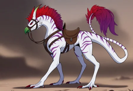 masterpiece, best quality, amazing quality, highres, absurdres,
((flowerbud tail, perfect flowerbud tail, flowerbud on end of tail)),
Gaula, plant monster, horns, spine, red eyes, scales, claws, beak, gradient hair, white skin, purple stripes, green beak, sharp beak, long tail, tall, long legs, equine physique, thick body, thick haunches, claws, leaf mane along back, red eyes, red mane, saddle, bridle, reigns, stirrups, 4 legs, quadruped, claws, depth of field,