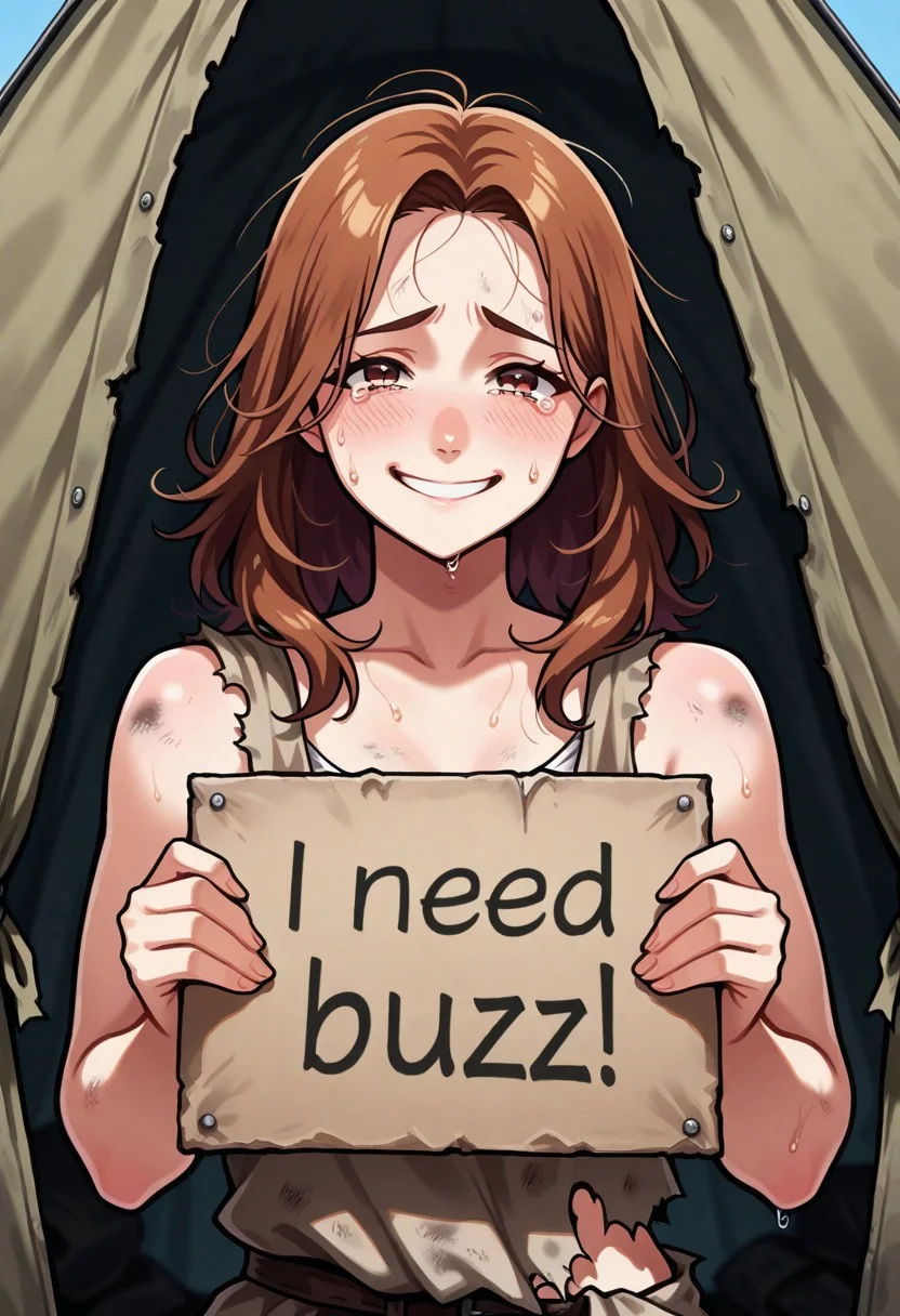 masterpiece,(best quality),highly detailed,ultra-detailed,
1girl, torn clothing, rags, homeless, in front of tent, looking at viewer, tired smile, sweat, dirty body, dirty clothes, tears,upper body, need_buzz, holding sign