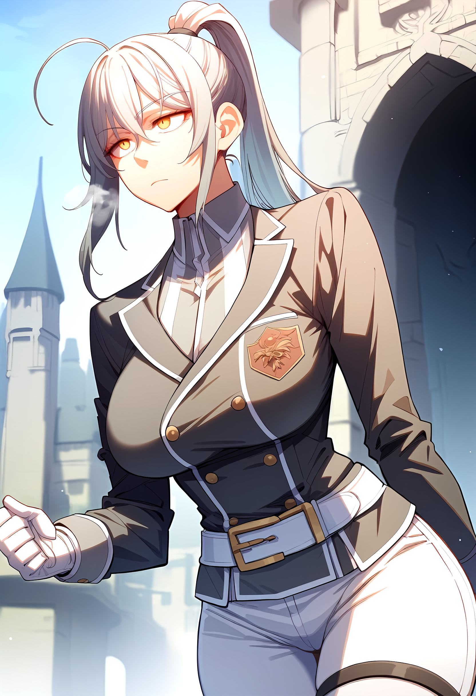 score_9, score_8_up, score_7_up, score_6_up, source_anime, rating_explicit, <lora:neg4all_bdsqlsz_V3.5:2.0>1girl, (solo:1.2), huge breasts, <lora:Ciel Lionheartponyxl:1> ponytail, long hair, yellow eyes, bangs, grey hair, ahoge, collared shirt, black jacket, uniform, long sleeves, white gloves, belt, white pants, thigh strap, expressionless, Narrow shoulders, heavy breathing, steaming body, castle, outdoor, walking