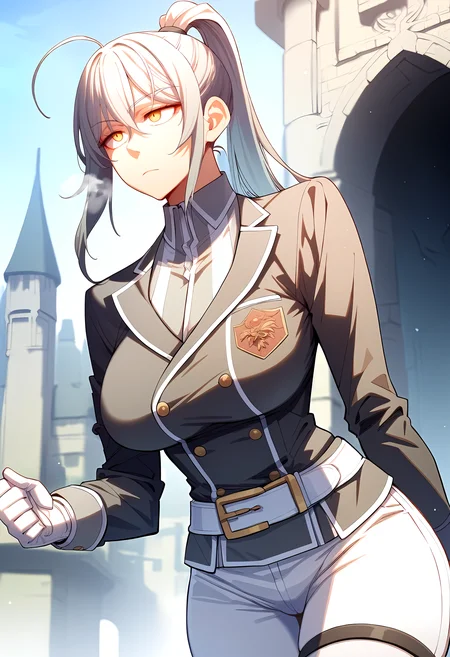 score_9, score_8_up, score_7_up, score_6_up, source_anime, rating_explicit, <lora:neg4all_bdsqlsz_V3.5:2.0>1girl, (solo:1.2), huge breasts, <lora:Ciel Lionheartponyxl:1> ponytail, long hair, yellow eyes, bangs, grey hair, ahoge, collared shirt, black jacket, uniform, long sleeves, white gloves, belt, white pants, thigh strap, expressionless, Narrow shoulders, heavy breathing, steaming body, castle, outdoor, walking