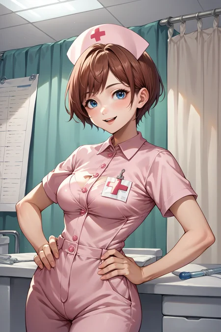 score_9, score_8_up, score_7_up, score_6_up, source_anime, 1girl, solo <lora:sblily-pdxl-nvwls-v1-000005:1> sblily, brown hair, short hair, blue eyes, nurse cap, nurse costume, pink uniform, pink pants, indoors, looking at you, hand on hip, hospital, smile, medium breasts