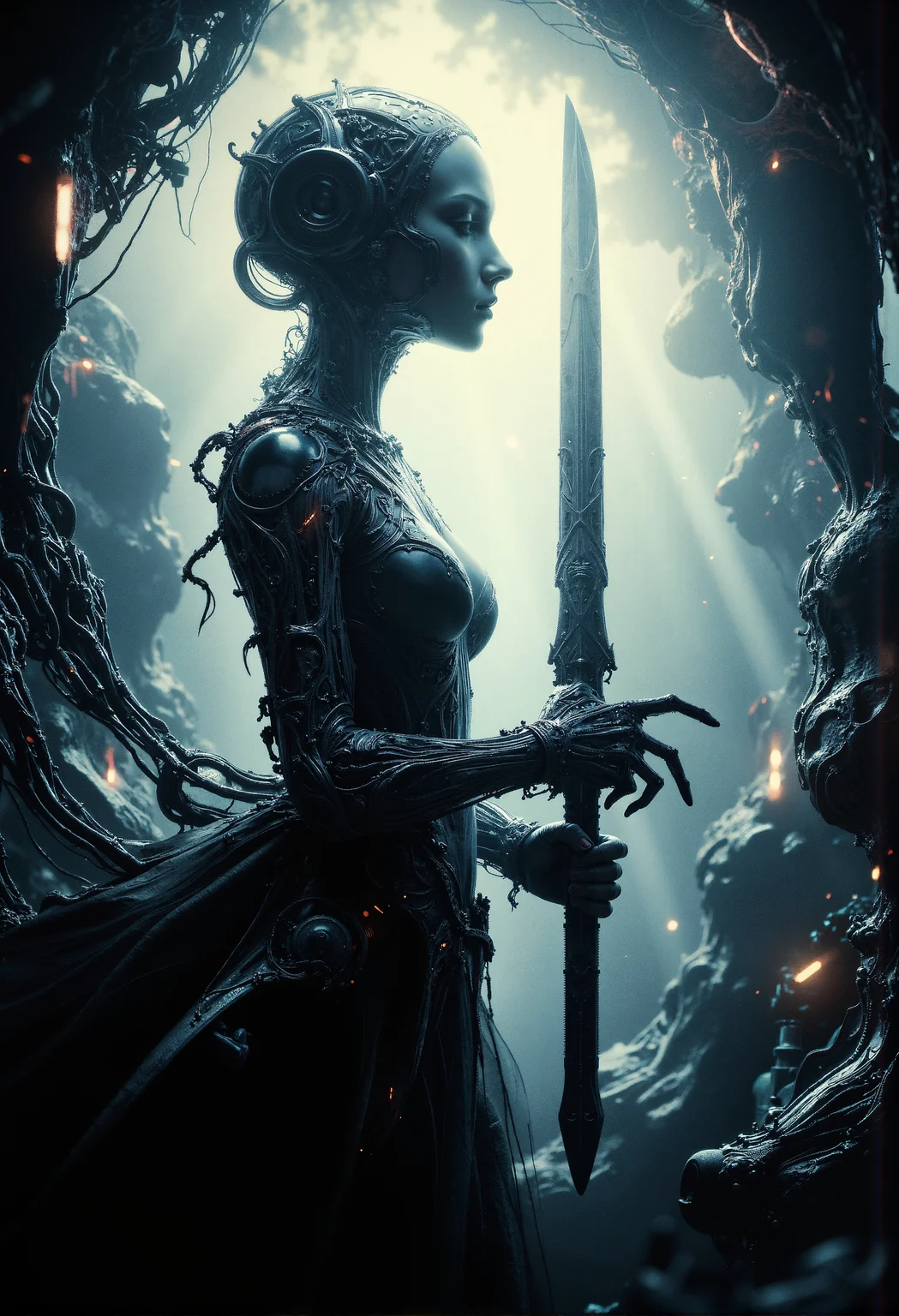 analog film photo (art by Zdzislaw Beksinski:2). baroque style. gothic. skinny woman. mechanical. giant cyberpunk sword. epic, glorification, backlit, god rays, <lora:- Flux1 - vanta_black_V1.0.safetensors:0.5>, <lora:aiai-Glimra-Flux-Dev-v2.safetensors:0.5>, aiai-Glimra <lora:Dever_Flux_Enhancer.safetensors:0.5>, <lora:ARTifacts.safetensors:0.75>, <lora:Movie_Portrait.safetensors:0.75>, . faded film, desaturated, 35mm photo, grainy, vignette, vintage, Kodachrome, Lomography, stained, highly detailed, found footage