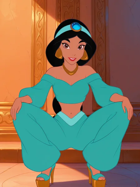 <lora:JasmineIL:0.9> Ja_n, 1girl, arabian woman, brown skin, red lips, brown eyes,  black hair, ponytail hair, turquoise headband with sapphire, golden earrings, golden necklace,
looking at viewer, squatting, front view, spreading legs, platform high heels, pants,