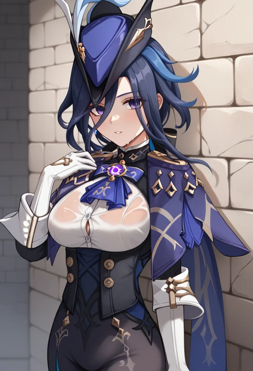 score_9,score_8_up,score_7_up,<lora:clorinde_pony:1>,1girl, solo, cowboy_shot, large_breasts, highres, black_corset, stone_wall, hat_feather, parted_lips, blue_ascot, revision, epaulettes, blue_cape, fold-over_gloves, clorinde_\(genshin_impact\), looking_at_viewer, wet_clothes, purple_ascot, dripping, white_gloves