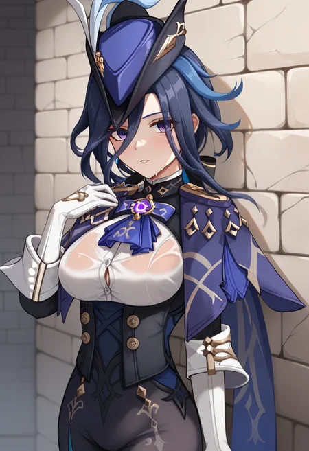 score_9,score_8_up,score_7_up,<lora:clorinde_pony:1>,1girl, solo, cowboy_shot, large_breasts, highres, black_corset, stone_wall, hat_feather, parted_lips, blue_ascot, revision, epaulettes, blue_cape, fold-over_gloves, clorinde_\(genshin_impact\), looking_at_viewer, wet_clothes, purple_ascot, dripping, white_gloves