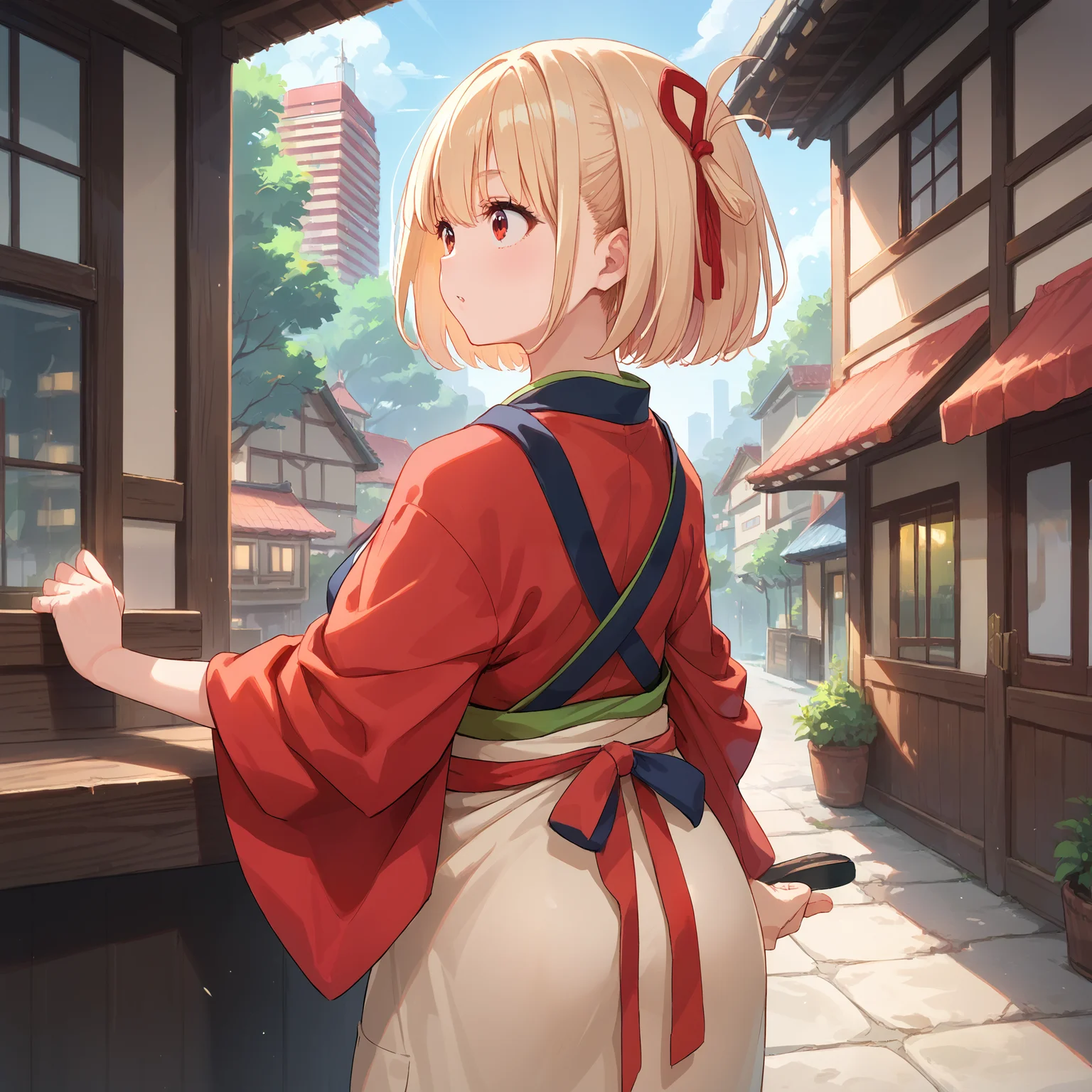 score_9, score_8_up, score_7_up, score_6_up, score_5_up, score_4_up, BREAK source_anime, 1girl, solo, outdoors, city, from behind, masterpiece, best quality, high detailed skin, nishikigi chisato, chisato kimono, short hair, blonde hair, hair ribbon, red eyes, japanese clothes, red kimono, blue kimono, red ribbon, apron, tabi,