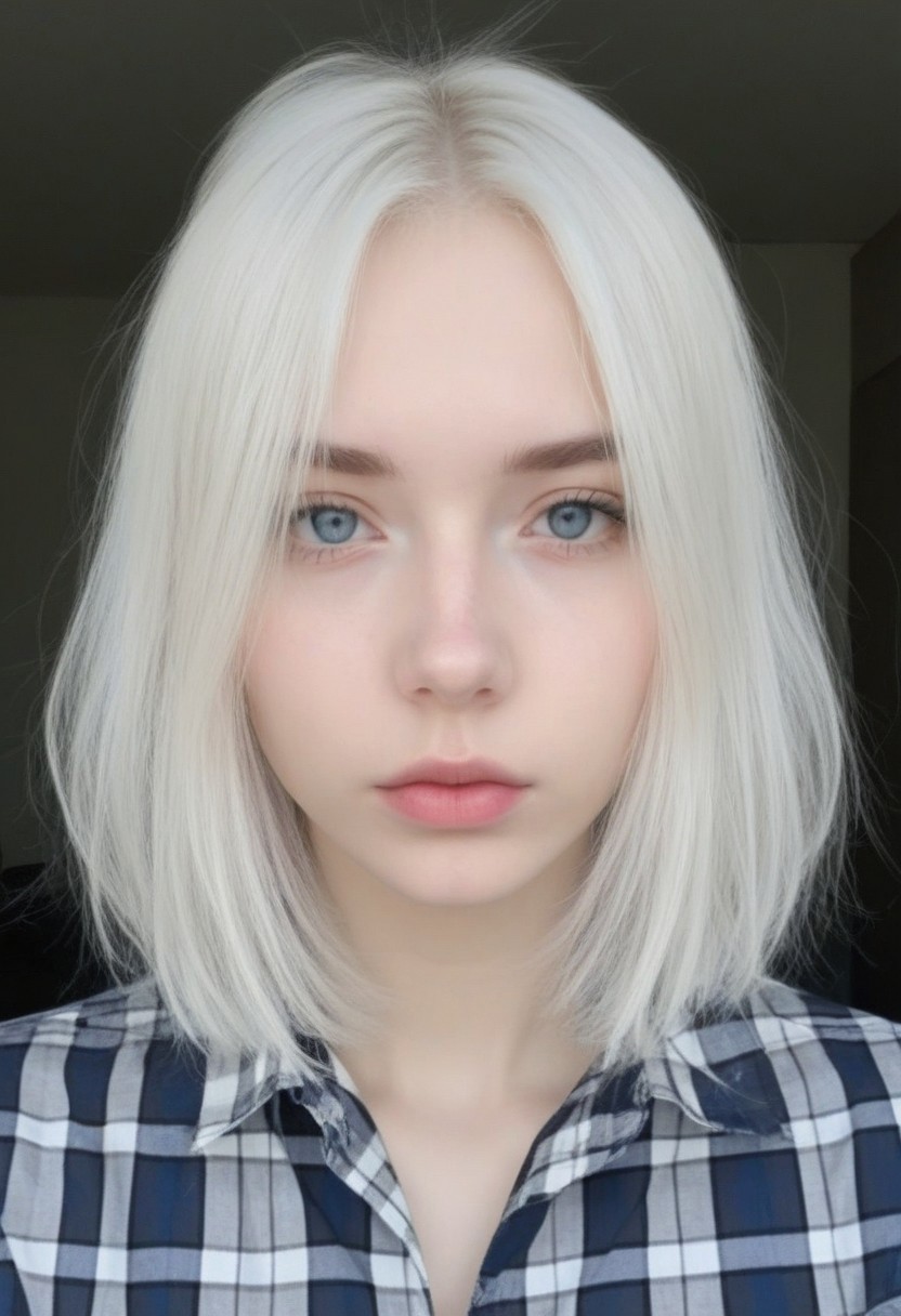 rsgrl, russian girl, solo, white hair, realistic, looking at viewer, 1girl, lips, plaid, blue eyes, mole, medium hair, multicolored hair, closed mouth