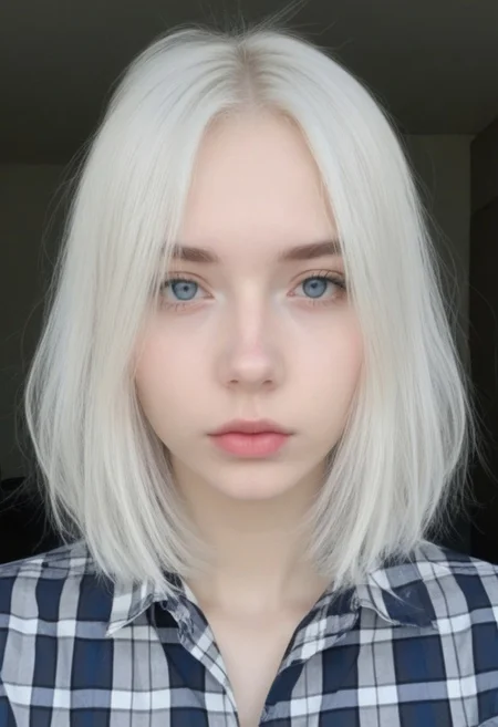 rsgrl, russian girl, solo, white hair, realistic, looking at viewer, 1girl, lips, plaid, blue eyes, mole, medium hair, multicolored hair, closed mouth