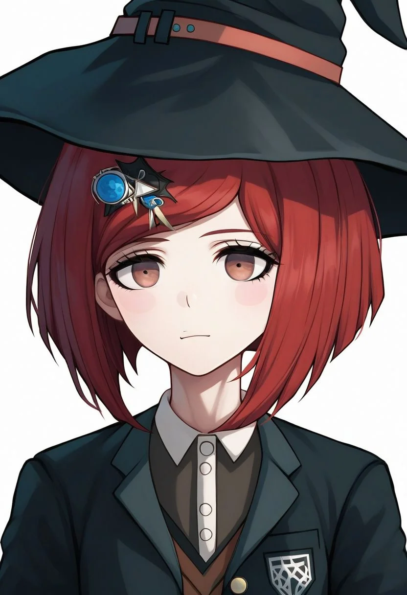 score_9, score_8_up, score_7_up, source_anime, solo, 1girl, Himiko Yumeno, red hair, hair ornament, short hair, brown eyes, blush stickers, witch hat, jacket, vest, shirt, portrait, close up, half body, standing, arms at sides, looking at viewer, standing, white background