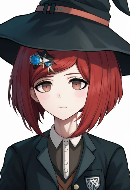 score_9, score_8_up, score_7_up, source_anime, solo, 1girl, Himiko Yumeno, red hair, hair ornament, short hair, brown eyes, blush stickers, witch hat, jacket, vest, shirt, portrait, close up, half body, standing, arms at sides, looking at viewer, standing, white background