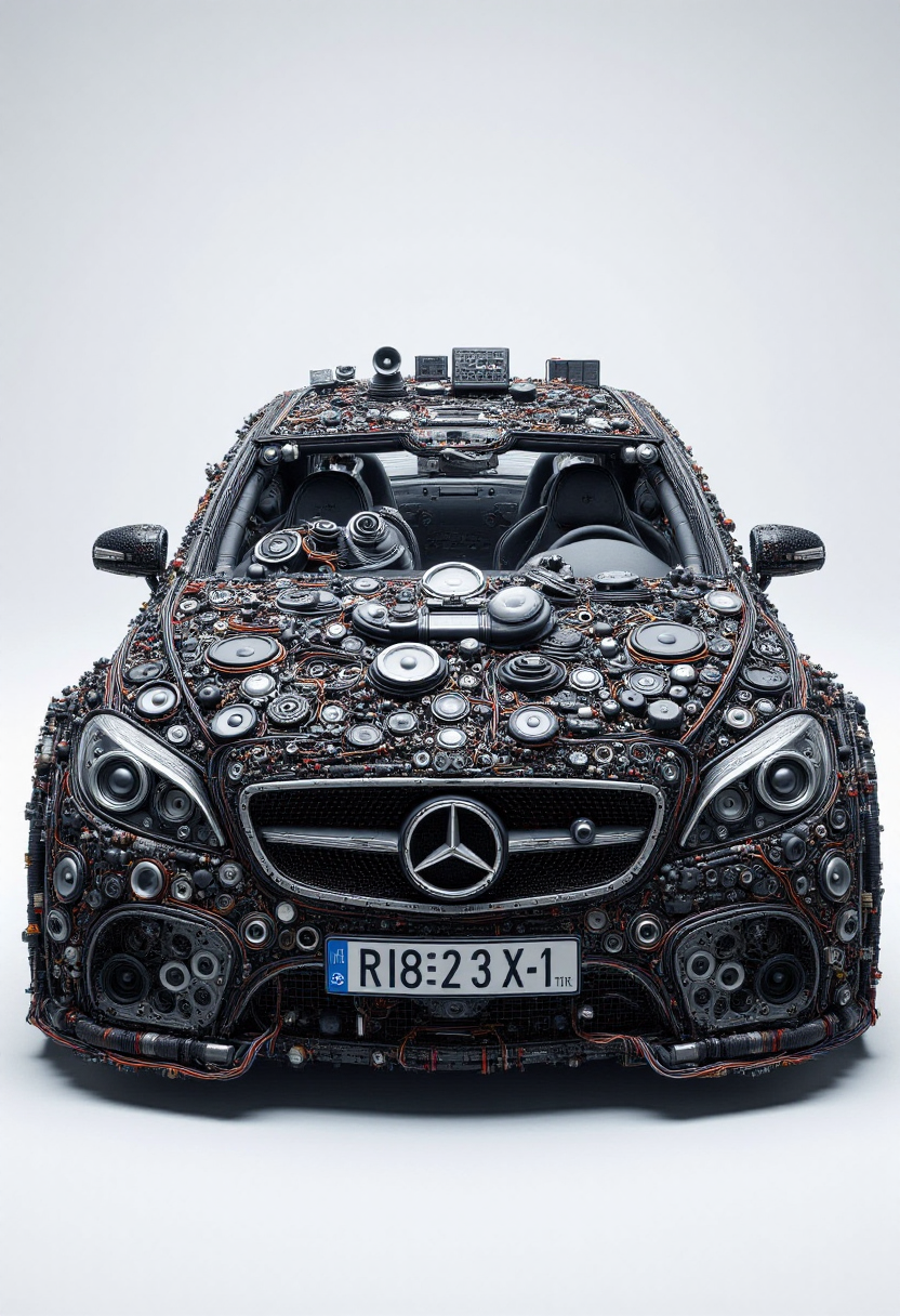 <lora:Audio_Artisan_FLUX:0.9>
High-resolution CGI rendering of an intricate, robotic car. The car is depicted with a futuristic, mechanical appearance, composed of various electronic components and audio equipment.