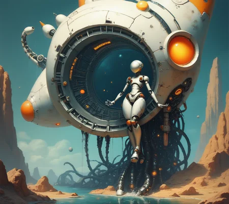 score_9, score_8_up, score_7_up, score_6_up, A stunning digital artwork depicts a white cyborg with mechanical tentacles integrated into her cybernetic design. The tentacles, adorned with metallic accents, flow gracefully from her form, blending seamlessly with the futuristic, metallic environment of the spacecraft she inhabits, adding a touch of elegance to the otherworldly scene., highly detailed, vivid <lora:ponys-dream:.9>
