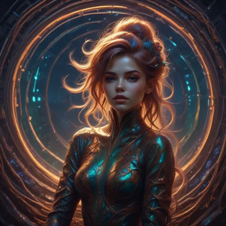 mermaid, shiny hair tied up, realistic movements, serious smile, colorful bracelets, air bubbles, shark shadows, reij-re, neon color and ambient neon light, neon color, ambient light, cherry wood details, marmor details, rusty details