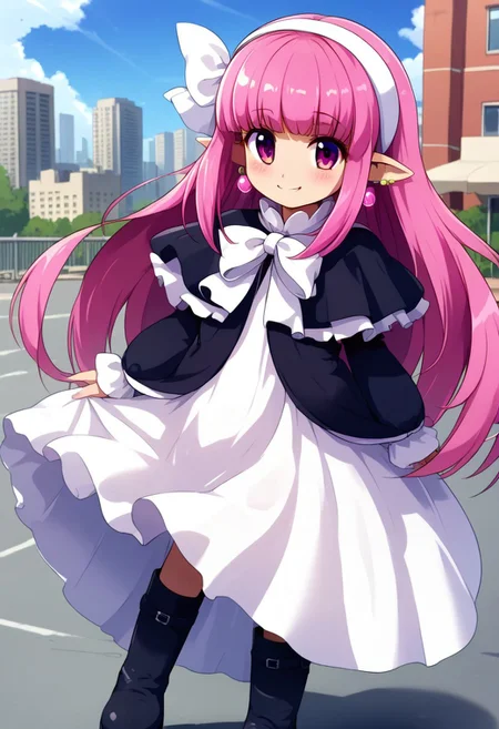 score_9, score_8_up, score_7_up,source_anime,long sleeve,black long dress,Slit in the center dress,pink hair,very long hair,pink eyes,capelet,black Long boots,blunt bangs,long dress,earrings,white hair ribbon,white hairband,pointy ears,ribbon,outdoor,kind smile,blush,city,day,Sunshine,