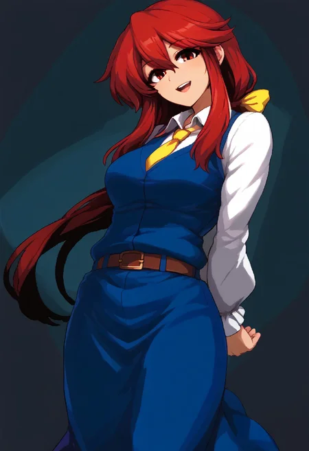 score_9, score_7_up, source_anime, source_cartoon, source_explicit, BREAK, colorful, aesthetic, illustration, kotohime (touhou), long hair, red hair, red eyebrows, hair between eyes, bangs, sidelocks, low-tied long hair, tied hair, low ponytail, hair ribbon, yellow ribbon, red eyes, breasts, white shirt, collared shirt, long sleeves, yellow necktie, blue vest, brown belt, blue skirt, hands behind back, open mouth, smile, teeth, simple background, looking at viewer, facing viewer, standing in front of viewer, standing