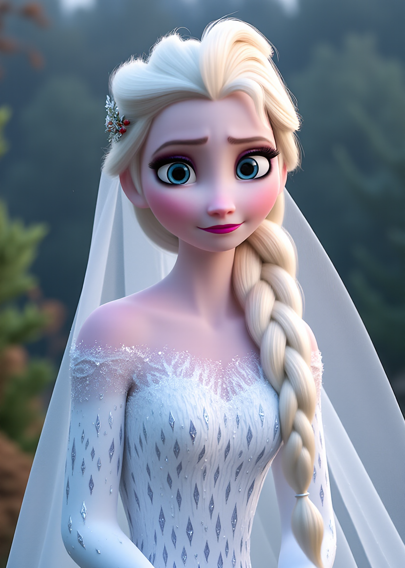masterpiece,4k studio photo quality, inematic lighting,clear photo,upper body,portrait,outdoor,blushing,ultra detail skin,single braid,elsa \(frozen\), elsa's erotic pose, open eyes,shy, Veil,Wedding Dress,view from font, <lora:Elsa-Flux:0.8>ï¼