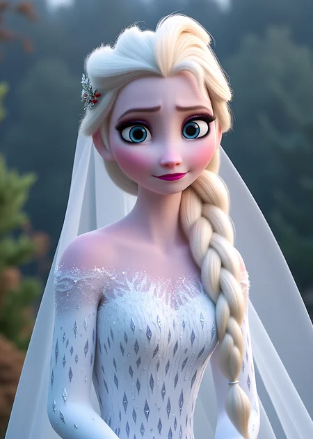 masterpiece,4k studio photo quality, inematic lighting,clear photo,upper body,portrait,outdoor,blushing,ultra detail skin,single braid,elsa \(frozen\), elsa's erotic pose, open eyes,shy, Veil,Wedding Dress,view from font, <lora:Elsa-Flux:0.8>ï¼