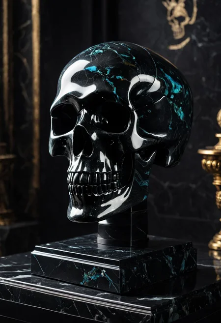 Fujifilm XT3, Sony A7 IV, (award winning photography) a (black: 0.89) marble skull made of opal (Kintsugi: 0.89) set on a pedestal in temple, glistening. in the background beautiful pillars, divine (iridescent: 0.79), opalescent textures, volumetric light, ethereal, sparkling, studio photo, highly detailed, sharp focus (highest quality: 1.39) (highest coherency: 1.39) (award winning photography), highly detailed photography, (muted colors, cinematic, dim colors, soothing tones:1.2), vibrant, insanely detailed, hyperdetailed, (dark shot:1.2), (vsco:0.3), (intricate details:0.9), (hdr, hyperdetailed:1.2) (vignette), sss, raw photo, fijifilm, kodak, cinematic film grain