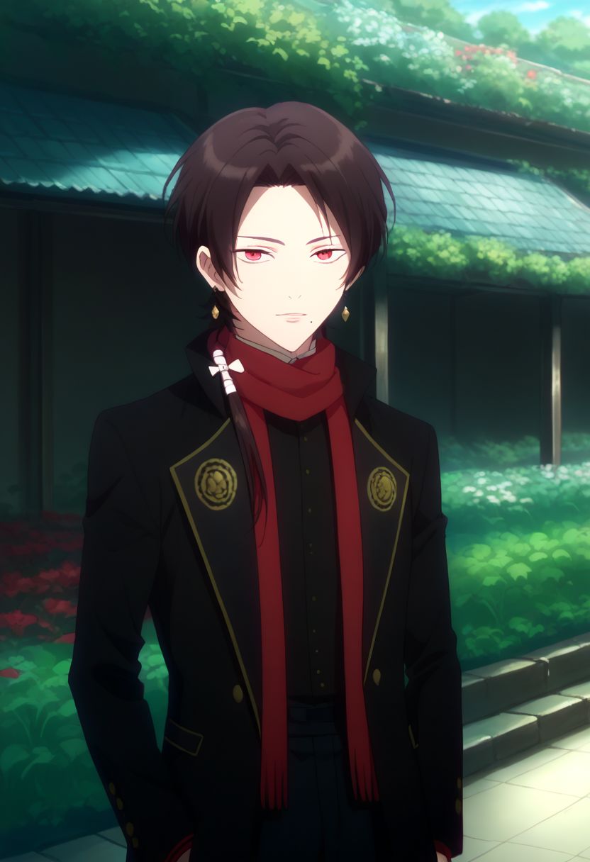 score_9, score_8_up, score_7_up, source_anime, highly detailed, 
kashuu, male focus, 1boy, red eyes, mole under mouth, high heels, ponytail, scarf, solo, earrings, nail polish, jewelry,  brown hair, red nails, mole,
outdoor, garden, japanese, upper body,