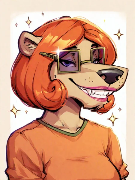 score_9,score_8,score_7,source_furry,
<1girl:1.5>,
<solo:1.5>,
counting_cougar, cougar_tuff, cougar, solo, smile, orange hair, teeth, looking at viewer, sparkle, glasses,
<lora:Counting_Cougar_Pony_SDXL:1> counting_cougar