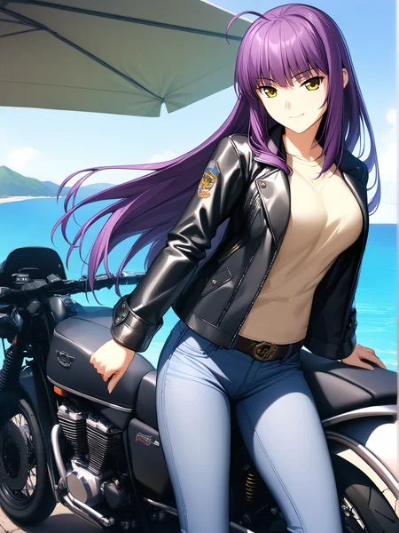 masterpiece, best quality, high quality, aesthetic, absurdres, insanely detailed,
1girl, motorcycle, solo, motor vehicle, purple hair, jeans, pants, denim, thumbs up, yellow eyes, long hair, day, outdoors, ahoge, coat, smile, jacket, ocean,
<lora:shironeko-sambo-style-xl_v1.0:1>