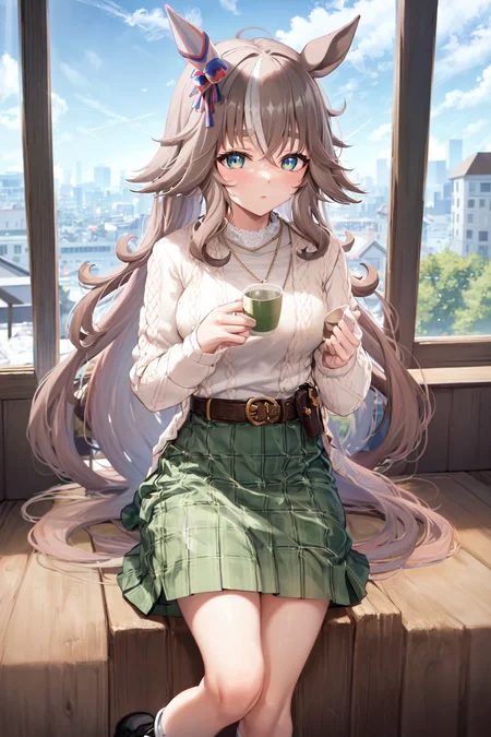 masterpiece, best quality,
wonder acute \(umamusume\),
indoor, window, curtain,
casual, white shirt, necklace, long sleeves, white shirt, white sweater, belt, green skirt, plaid skirt, long skirt, black pantyhose, shoes, sneakers,
cup, holding cup, green tea
<lora:wonder_acute_loha:0.8>