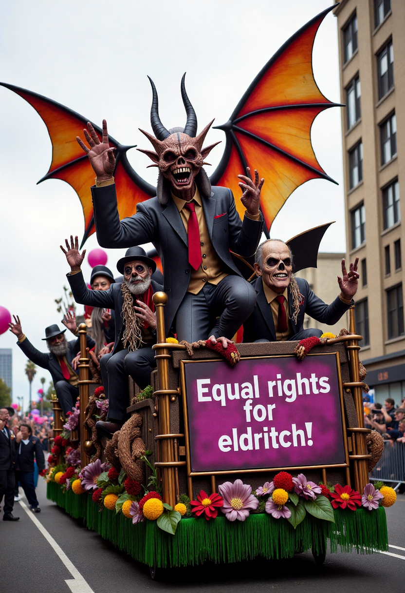 <lora:Parade_Float_Fashioner_FLUX-000005:0.9>
The image is a realistic photograph capturing a vibrant, elaborate horror themed parade float including banner with text "Equal rights for eldritch!". Eldritch horror monsters are riding on the float and waving at the crowd.