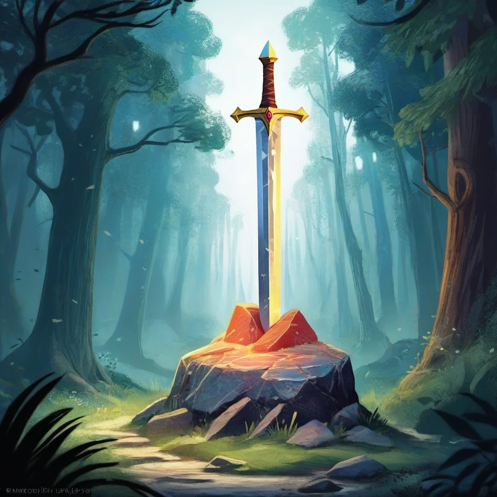 "The Sword in the Stone," ancient forests, Excalibur, King, destiny, honor, chivalry, mythical, heroic. <lora:ILLUSTRE_v1:1>
