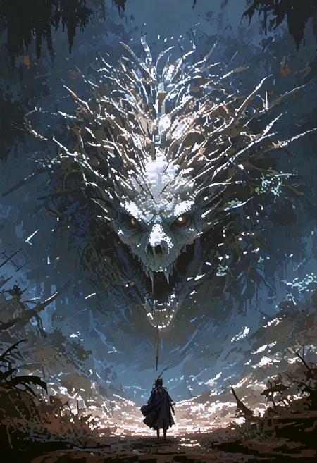solo, knight, spear,
foreshortening, warped perspective, fisheye,
bosstyle, hollow eyes, looming, colossal beast, monster, fangs
collumns, foliage, 
smoke, 
red sigils, magical sigils, 
pixel, 
terror, horror, eerie,